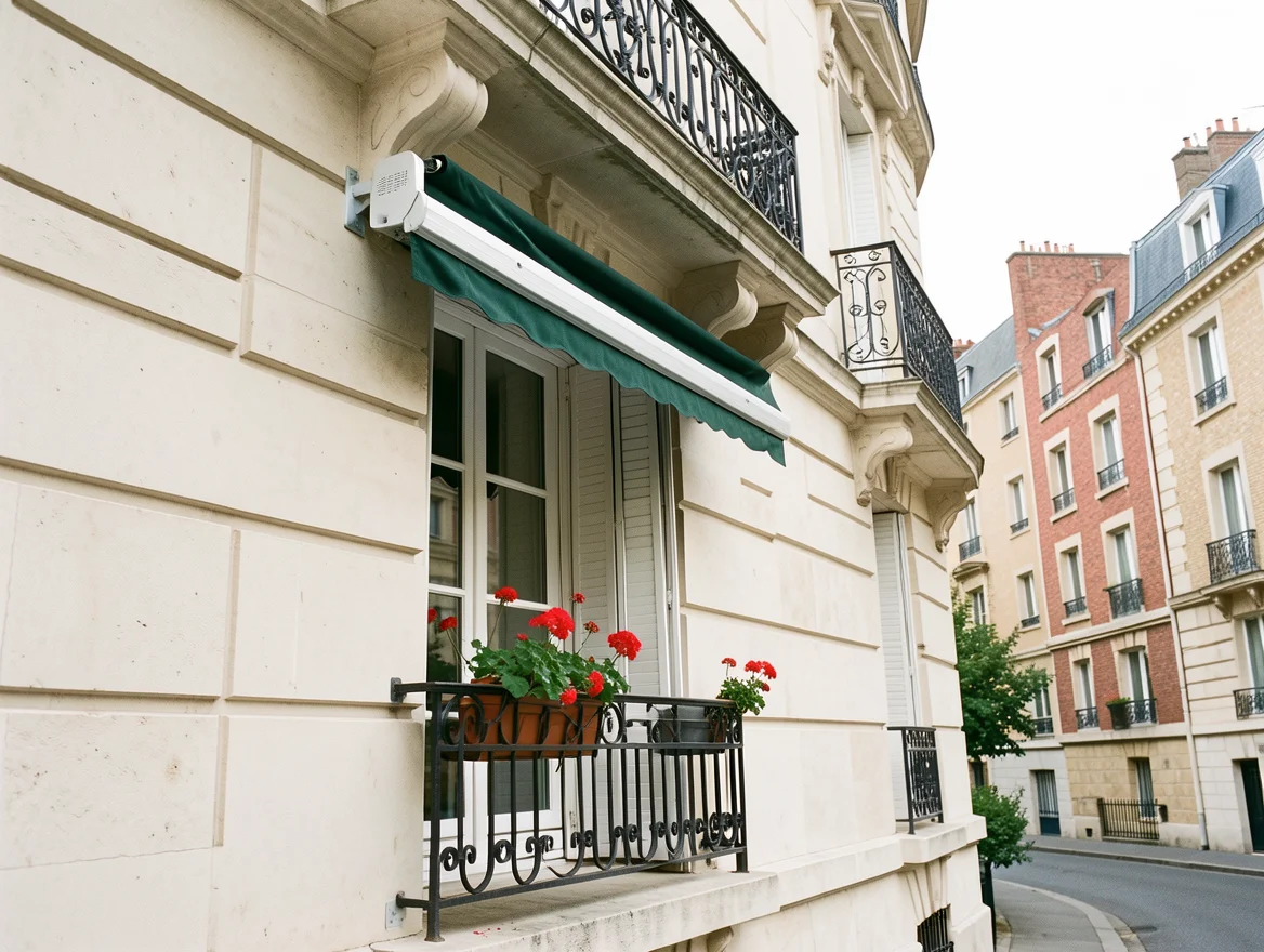 Store banne à coffre fixé en façade au-dessus d'une fenêtre à balconnet