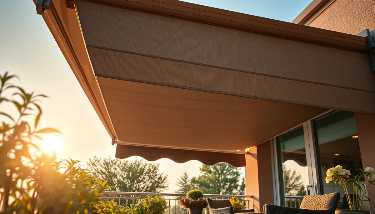 Store banne bien entretenu sur un balcon ensoleillé