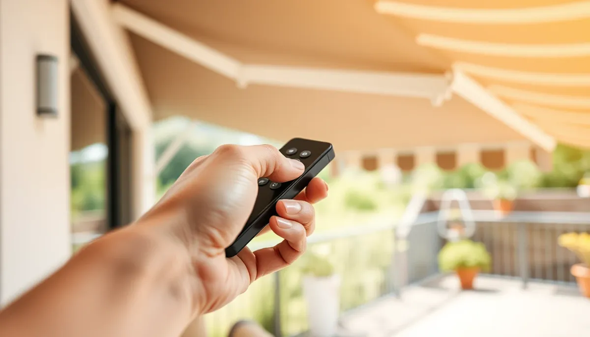 Télécommande utilisée pour déployer un store banne électrique depuis une terrasse