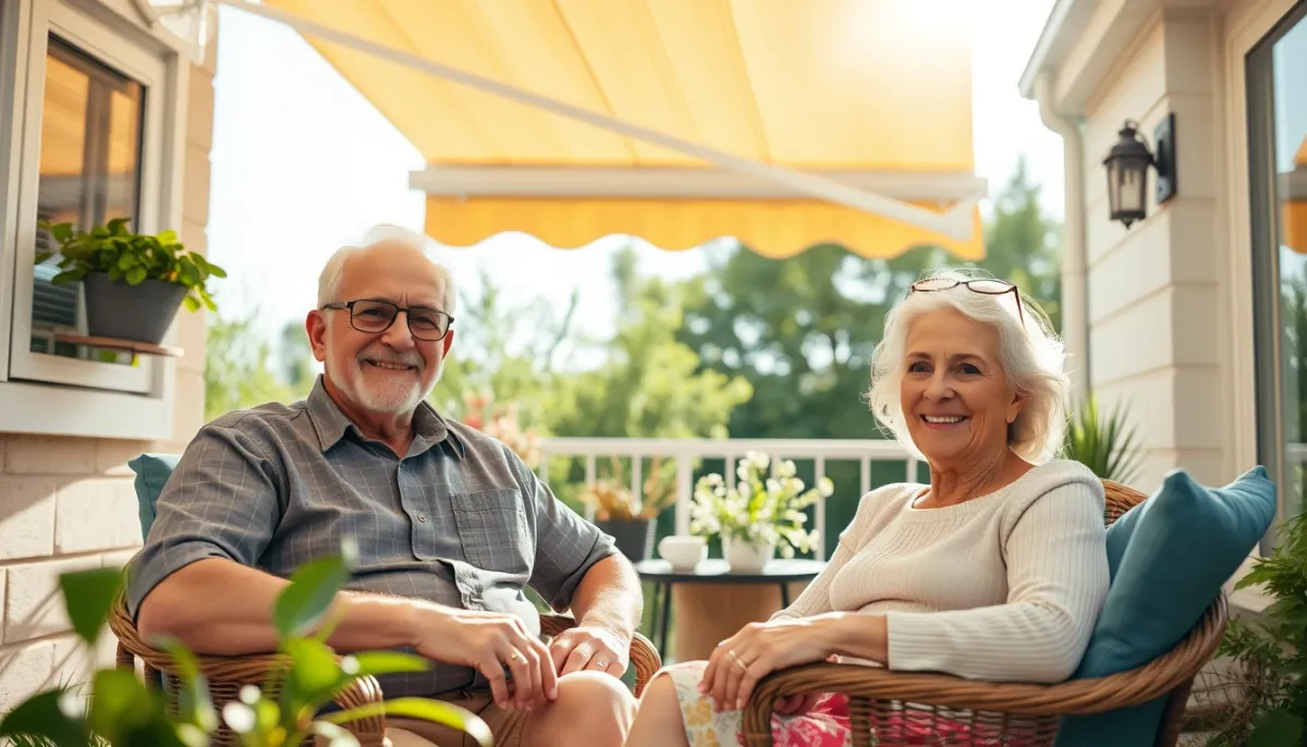 Couple de seniors profitant d'un store banne électrique sur un balcon ensoleillé
