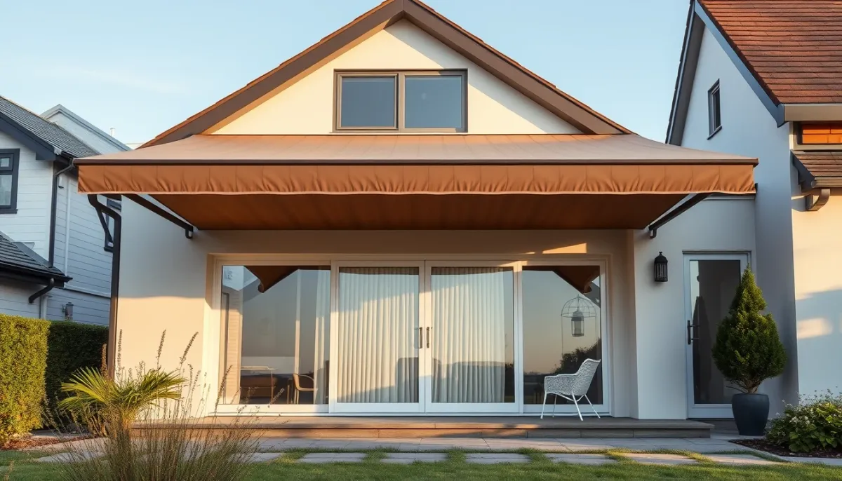Maison contemporaine avec un grand store banne électrique déployé sur la terrasse