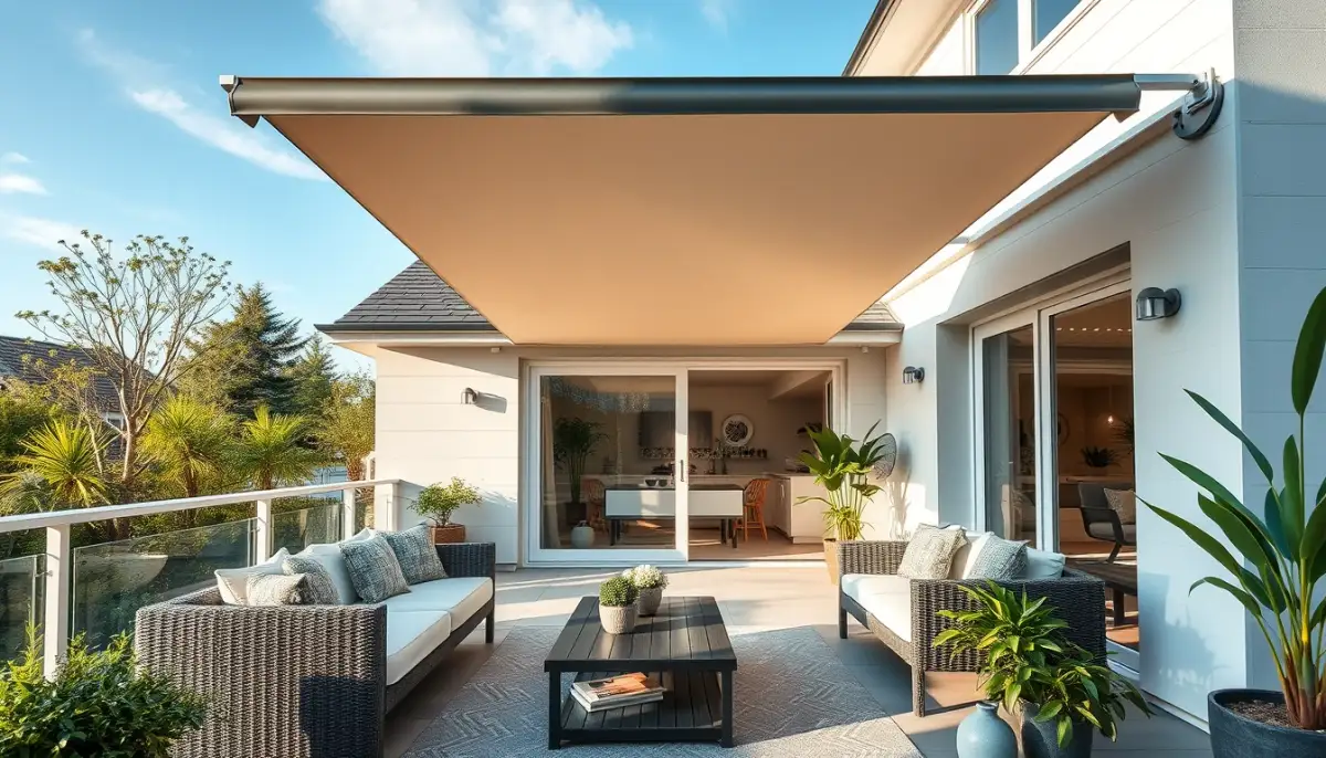 Terrasse ombragée par un store banne à coffre intégral, idéal pour les zones exposées