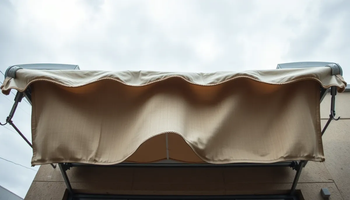 Store banne endommagé avec toile déchirée et bras tordus