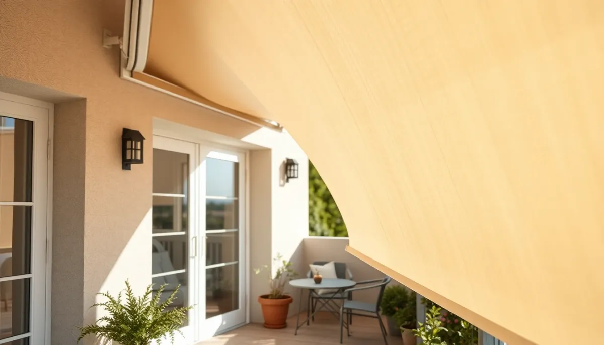 Toile acrylique neuve sur un store banne, créant une ombre douce sur une terrasse ensoleillée