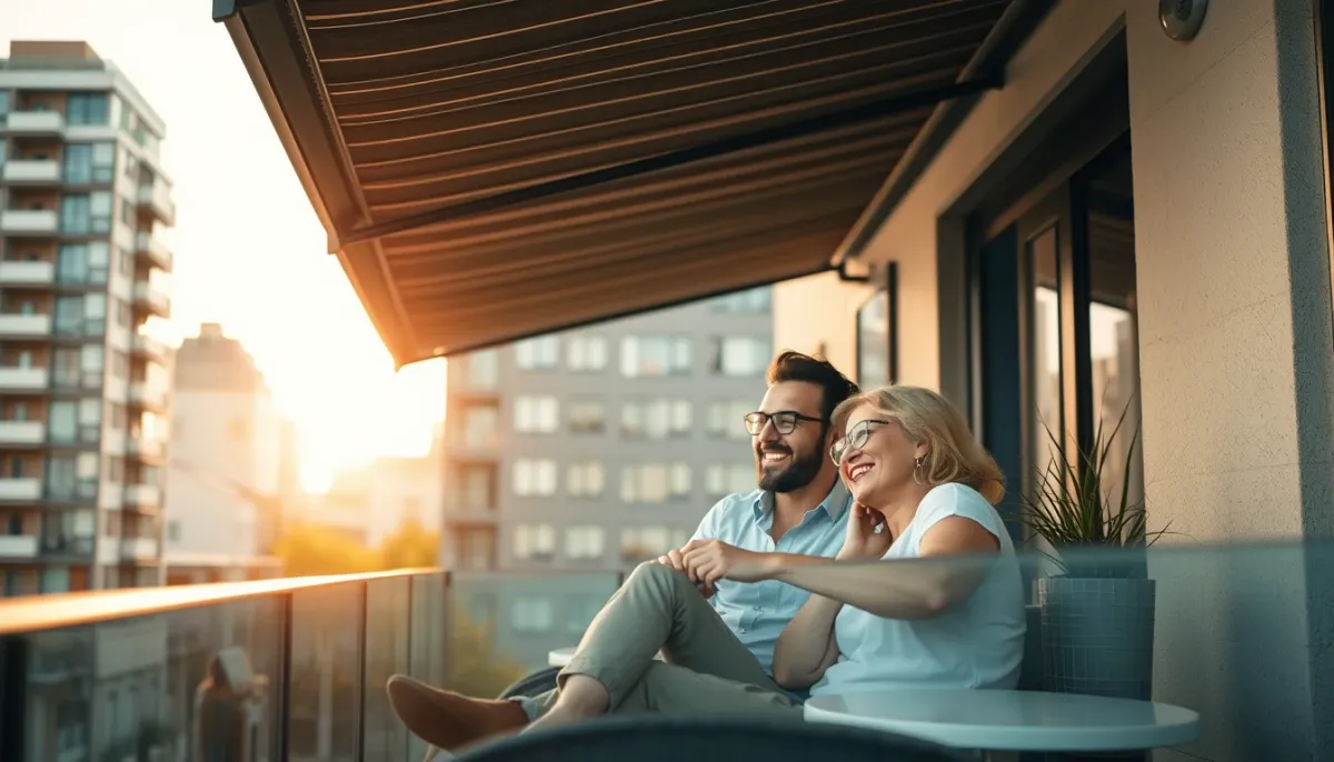 Couple se détendant sous un store banne neuf sur un balcon urbain