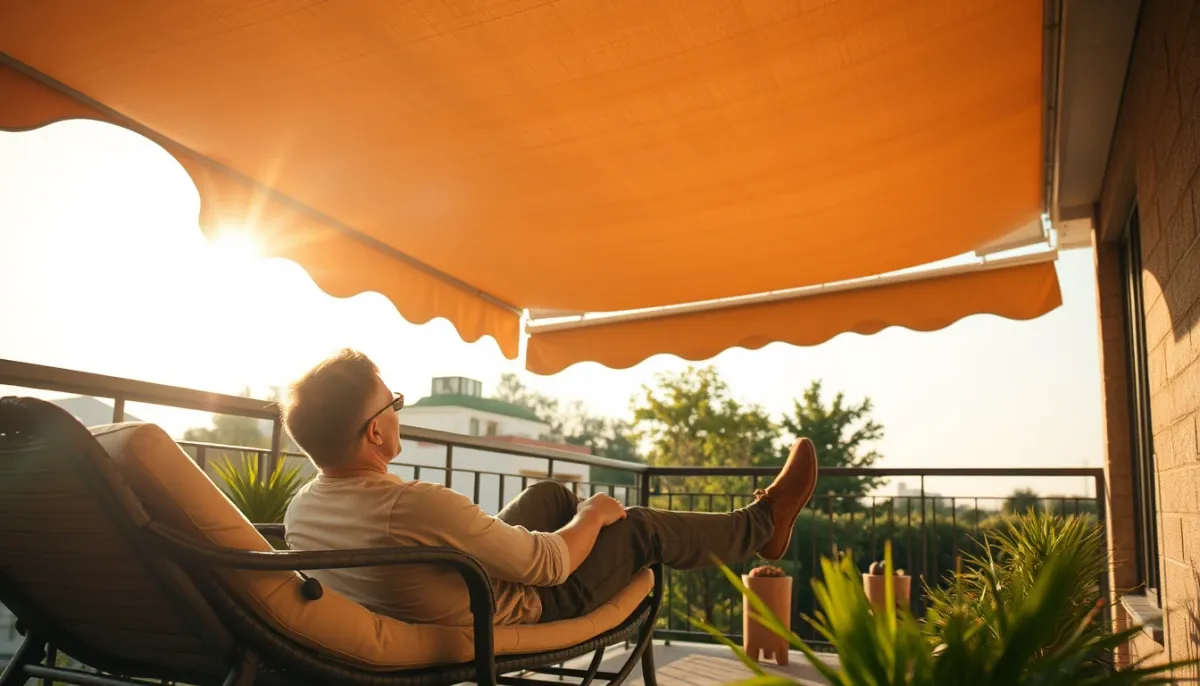 Personne se détendant sur un balcon à l'ombre d'un store banne sans perçage, profitant du confort thermique