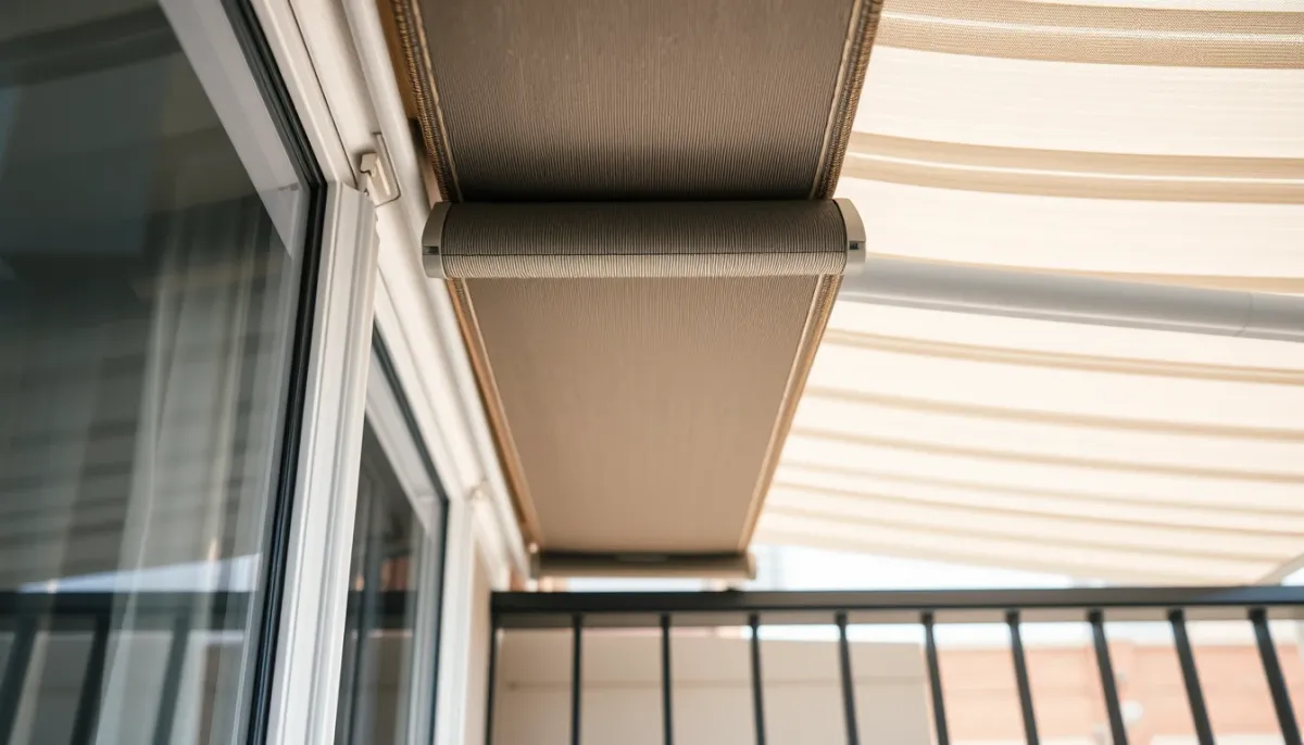 Système de fixation par pression d'un store banne sans perçage, montrant les vérins entre sol et plafond