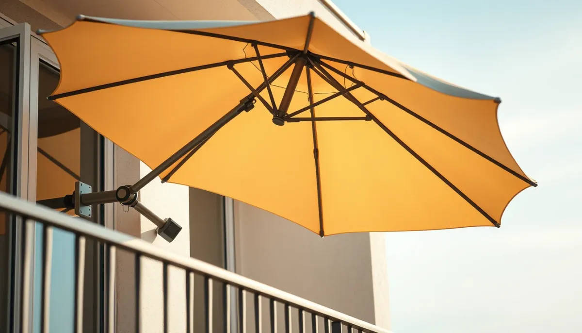 Parasol mural fixé sur un garde-corps de balcon en copropriété, alternative au store banne sans perçage
