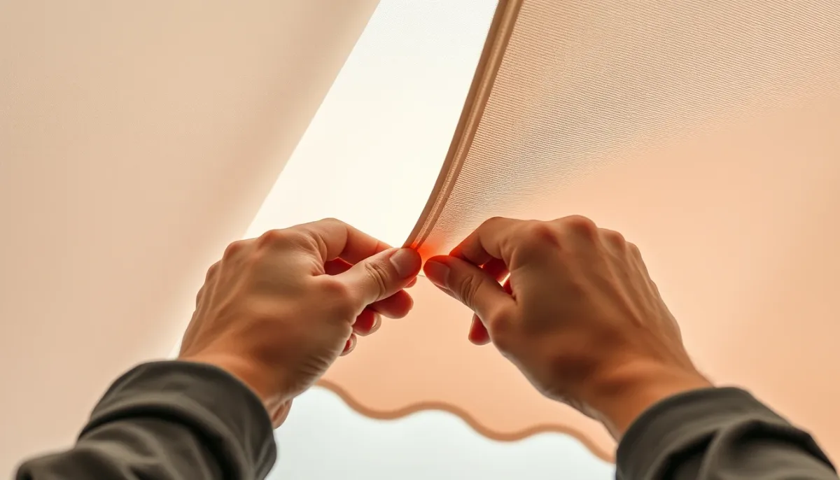 Mains vérifiant la solidité d'une couture sur une toile de store banne