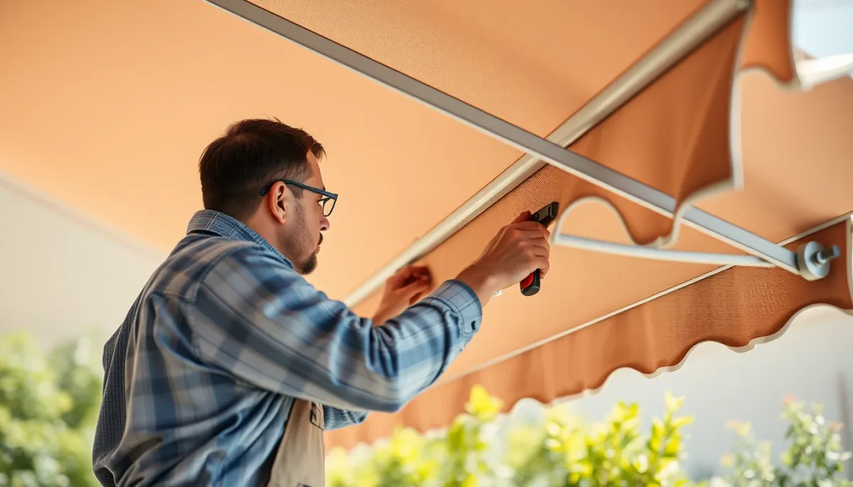 Installateur professionnel réparant une toile de store banne sur une terrasse
