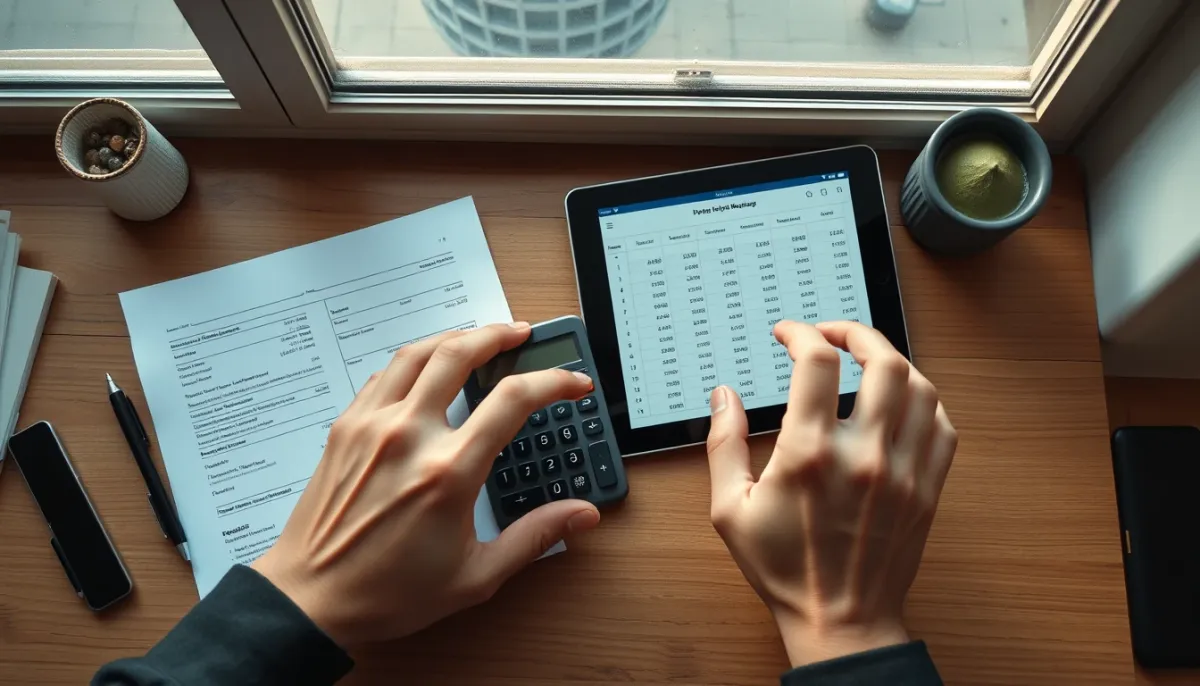Personne calculant le budget pour l'achat d'un store banne avec des documents et une calculatrice