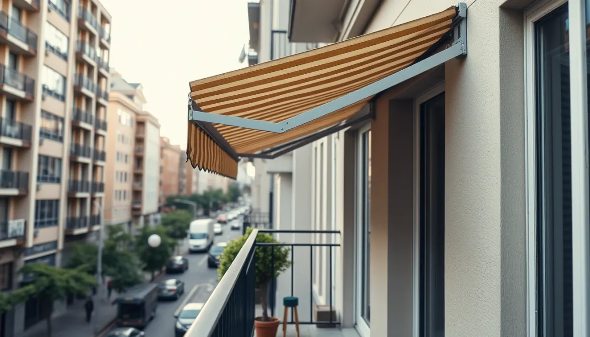 Petit balcon urbain équipé d'un store banne de 4 mètres, adapté aux espaces restreints