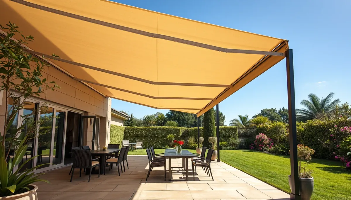 Grande terrasse de jardin avec un store banne motorisé de 6 mètres déployé, ombrageant un espace repas