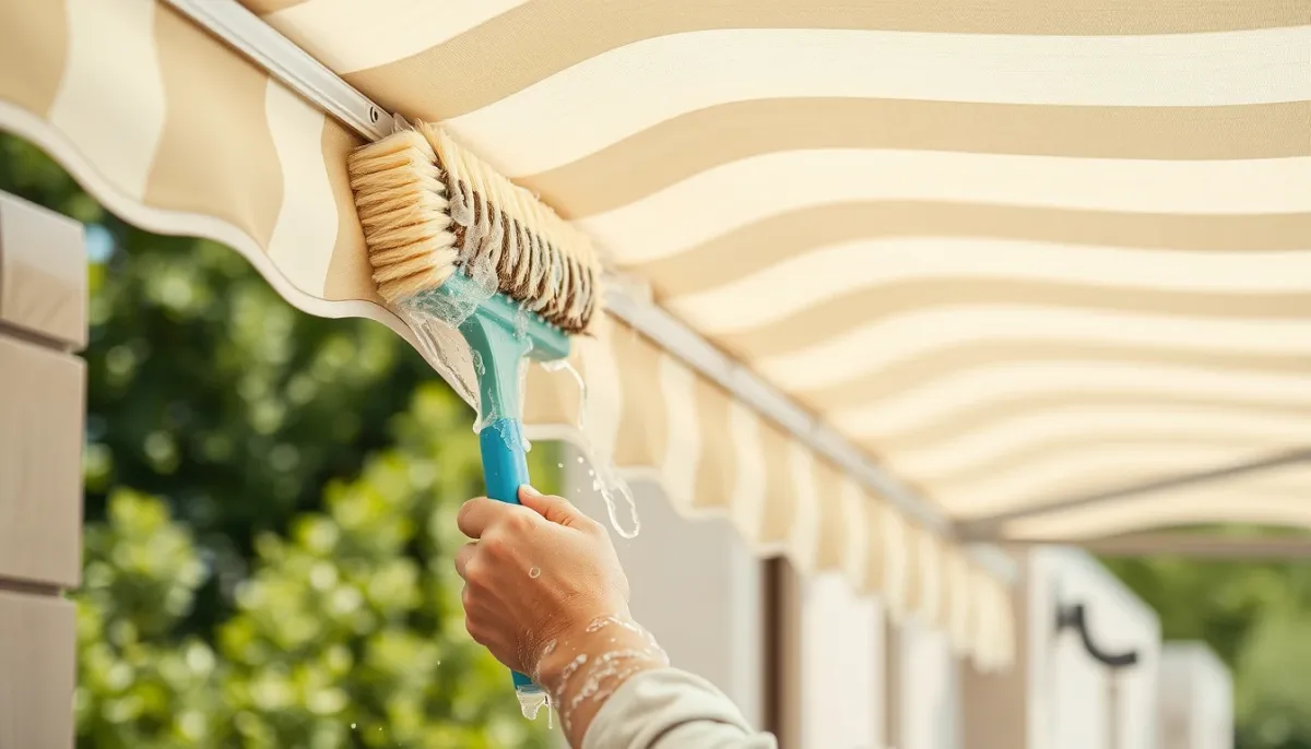 Nettoyage d'un store banne à la brosse souple et à l'eau savonneuse