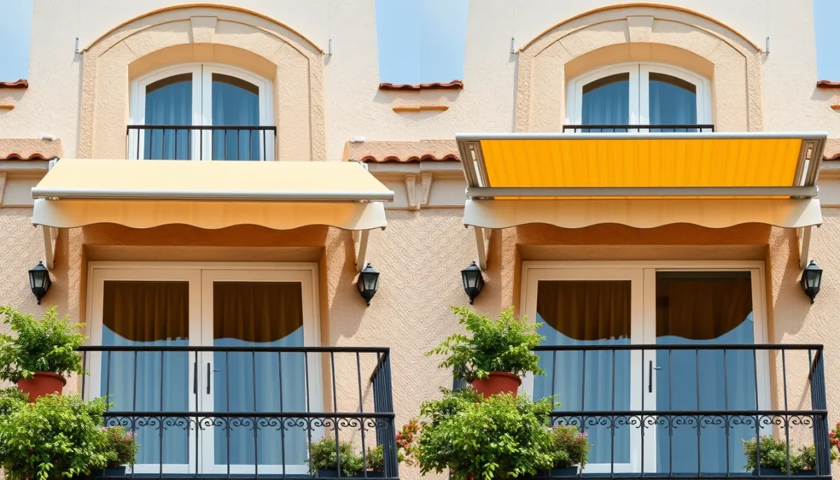 Comparaison visuelle entre un store banne manuel et un store banne motorisé sur deux balcons