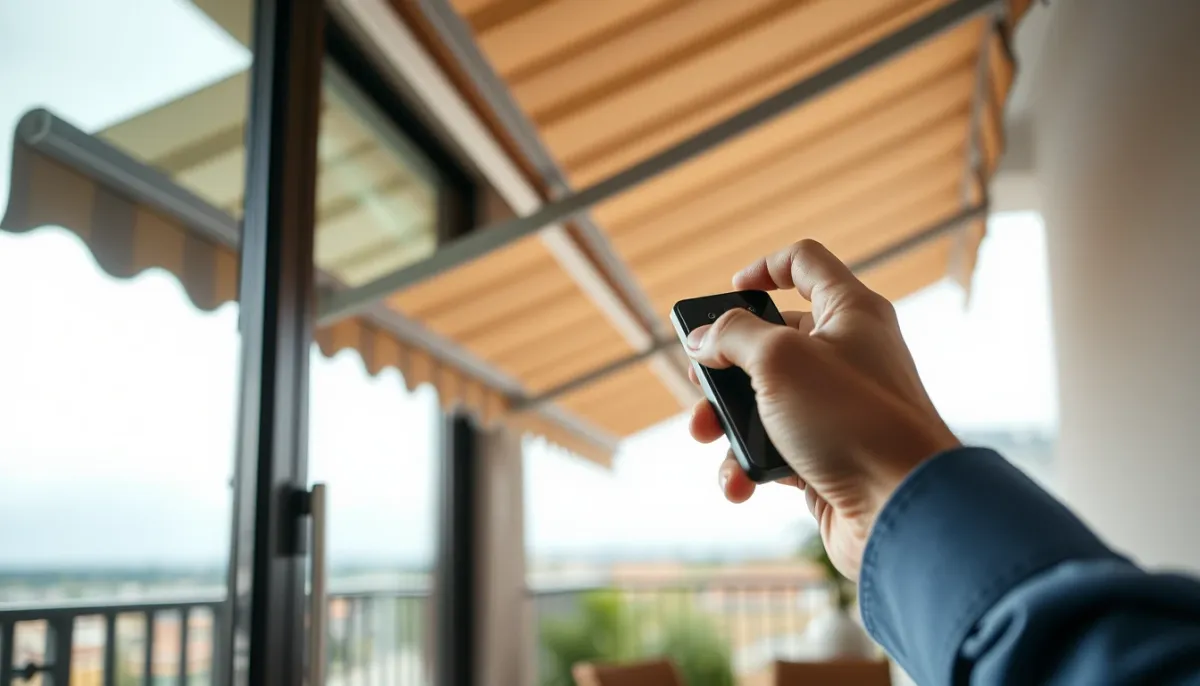 Personne utilisant une télécommande pour actionner un store banne motorisé