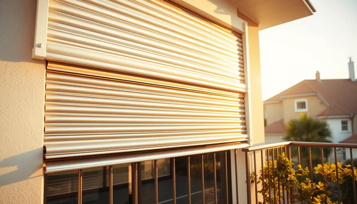 Volet roulant en aluminium partiellement baissé sur un balcon ensoleillé