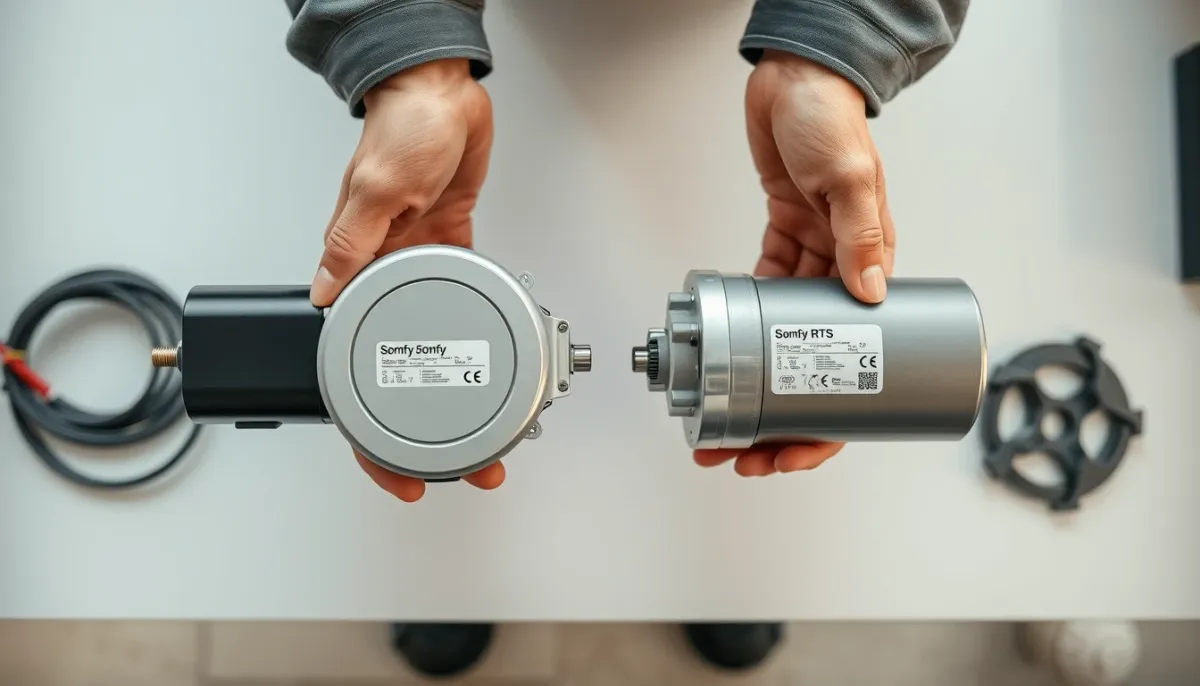 Comparaison côte à côte d'un moteur io-homecontrol et d'un moteur RTS Somfy sur un établi