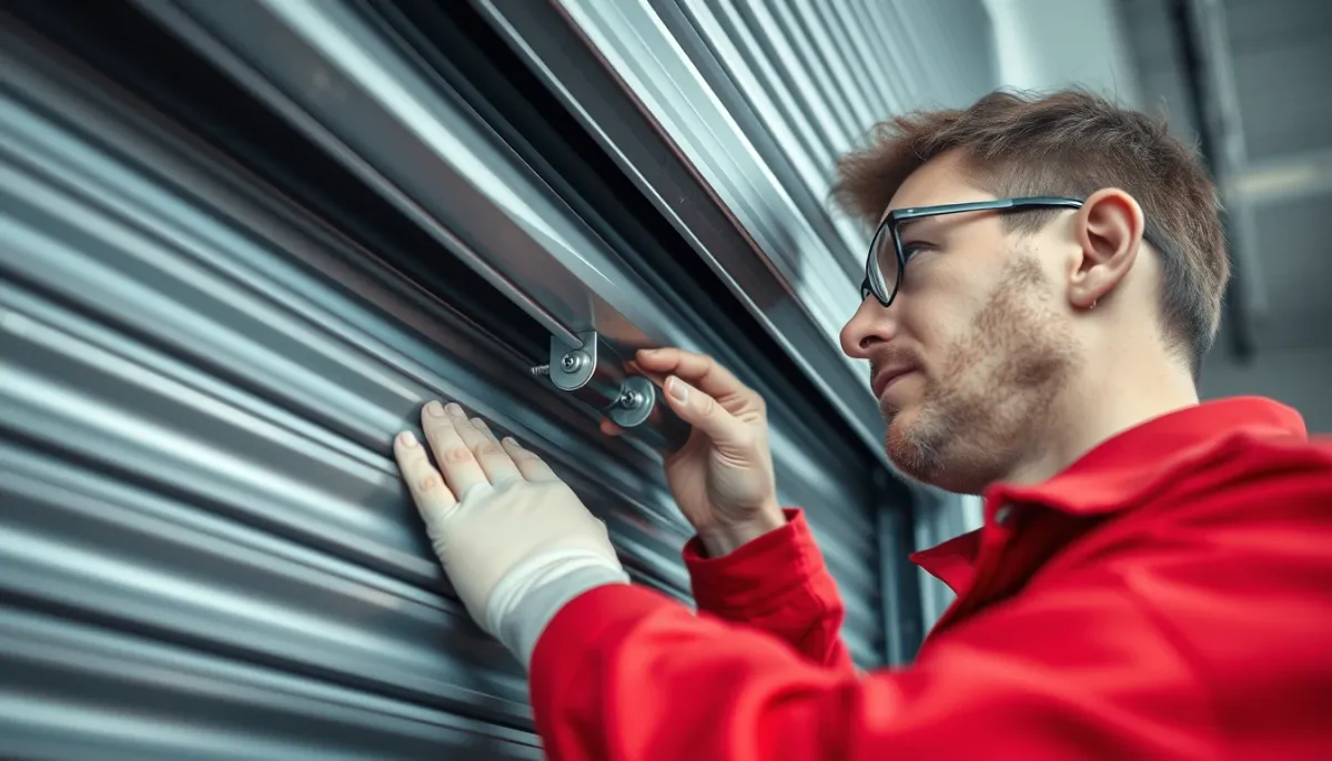 Technicien inspectant le mécanisme interne d'un caisson de volet roulant