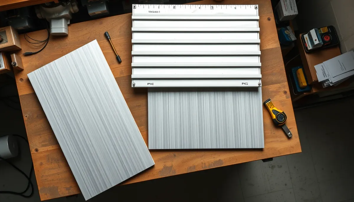 Échantillons de tabliers de volet roulant en aluminium et PVC sur un établi