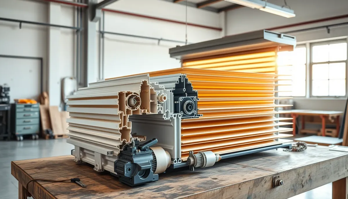 Coupe technique de lames de volets roulants et composants de motorisation solaire sur un établi
