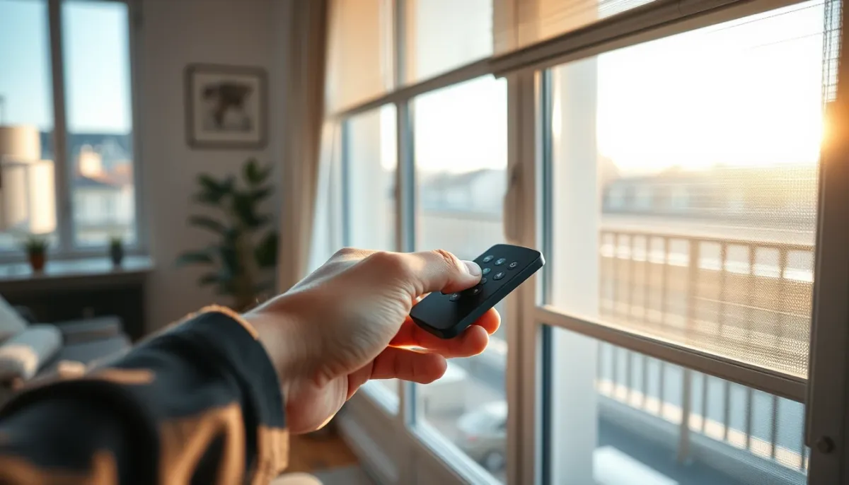 Main actionnant une télécommande de volet roulant motorisé dans un appartement lumineux