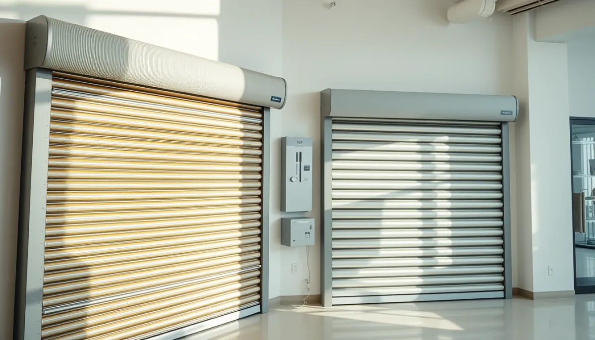 Comparaison de deux volets roulants de marques différentes exposés côte à côte en showroom
