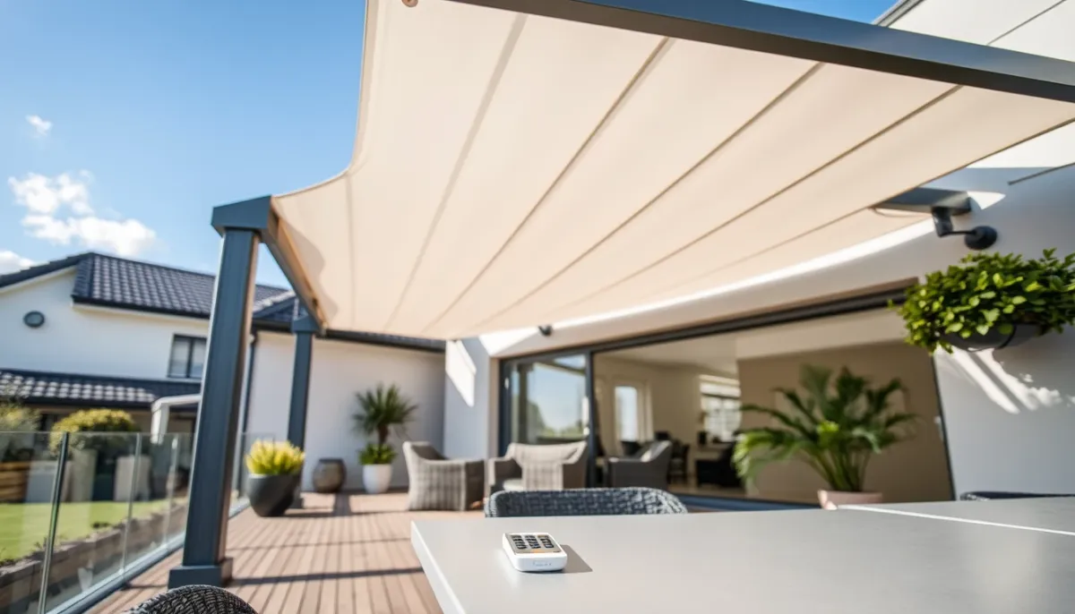 Pergola bioclimatique motorisée de milieu de gamme installée sur une terrasse