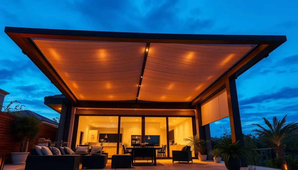 Pergola bioclimatique haut de gamme avec stores et éclairage LED intégré au crépuscule