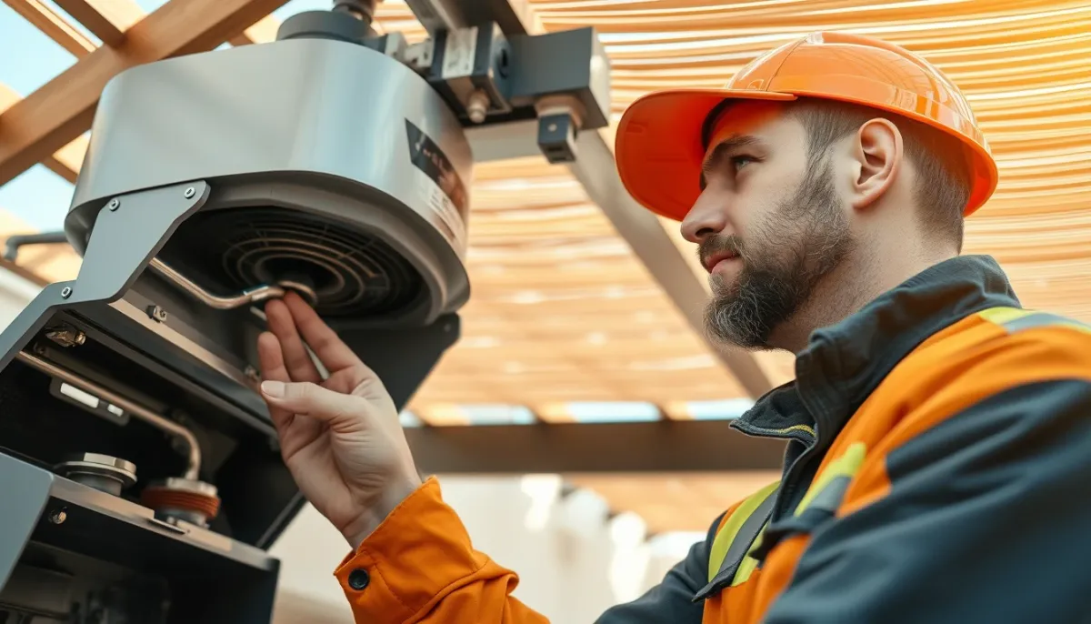 Technicien inspectant le moteur d'une pergola bioclimatique