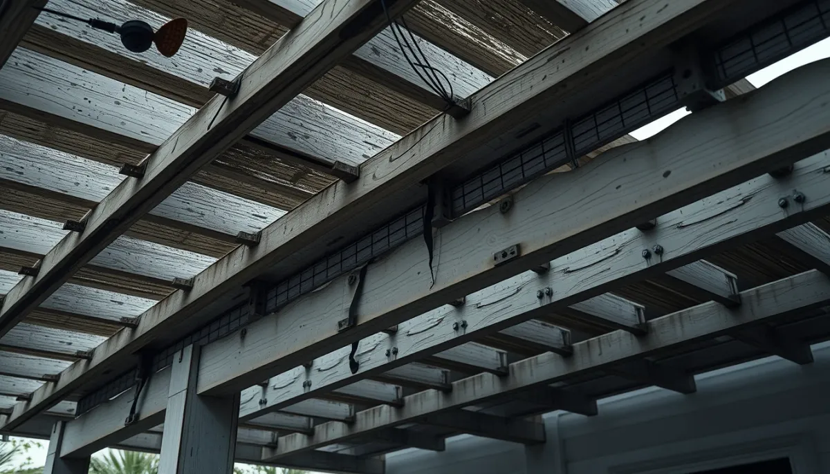 Pergola bioclimatique ancienne présentant des signes d'usure et de dégâts d'eau