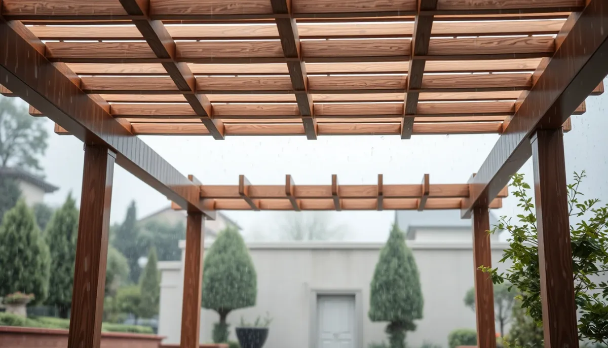 Pergola bioclimatique entretenue avec lames fermées sous une pluie légère