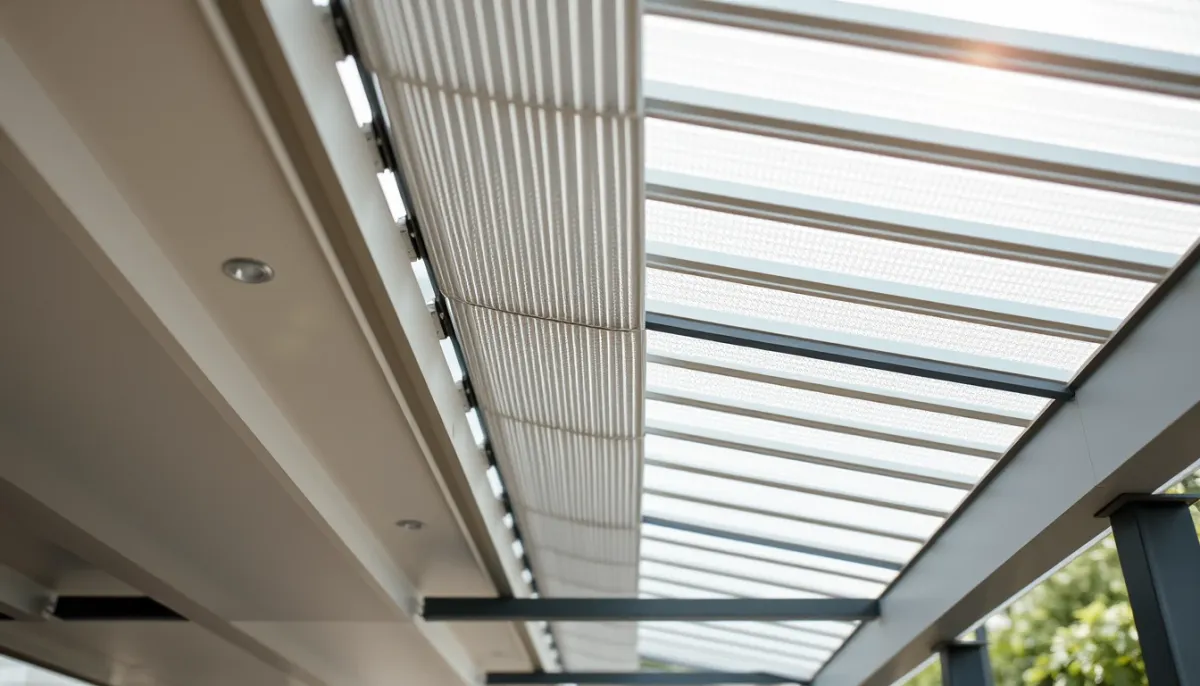 Détail des lames orientables motorisées d'une pergola bioclimatique en aluminium, vues en contre-plongée