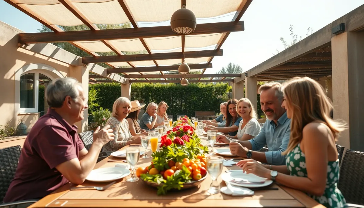 Grande pergola bioclimatique 6x4 abritant un repas convivial pour 10 à 14 personnes sur une terrasse