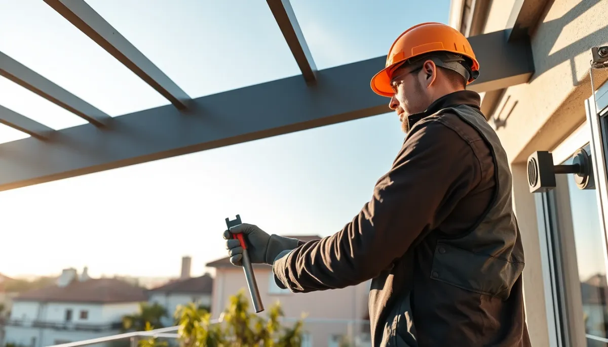 Pose professionnelle d'une pergola bioclimatique 6x4 en aluminium sur une terrasse résidentielle