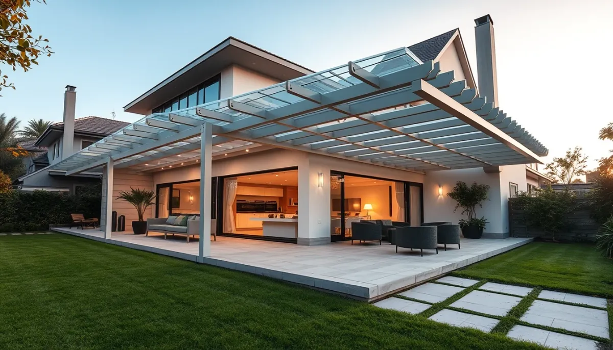 Pergola bioclimatique 6x4 adossée à une maison moderne, intégrée dans un jardin paysager