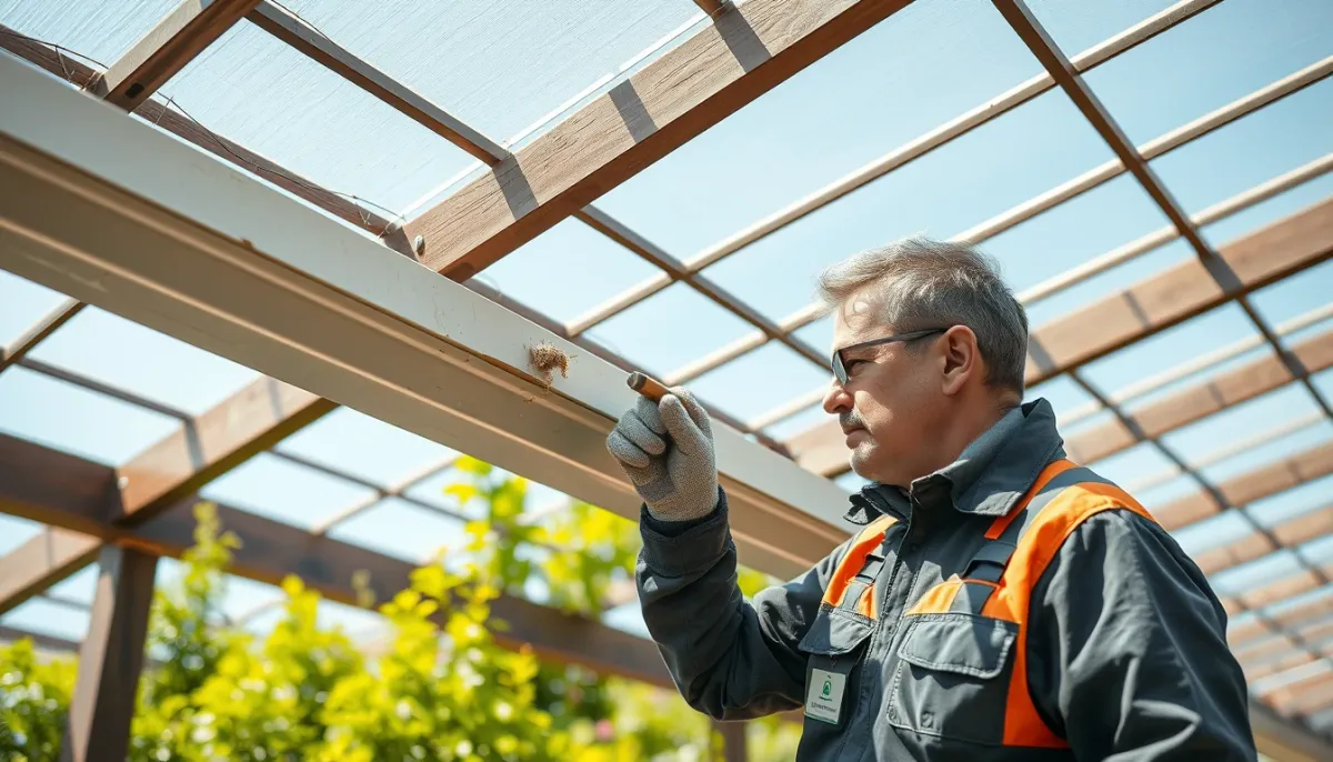 Technicien inspectant la gouttière d'une pergola bioclimatique