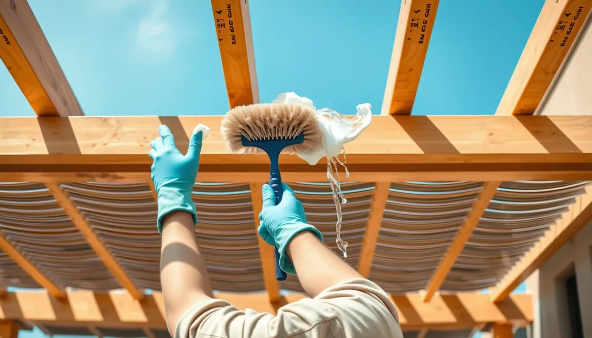 Nettoyage des lames d'une pergola bioclimatique à l'eau savonneuse