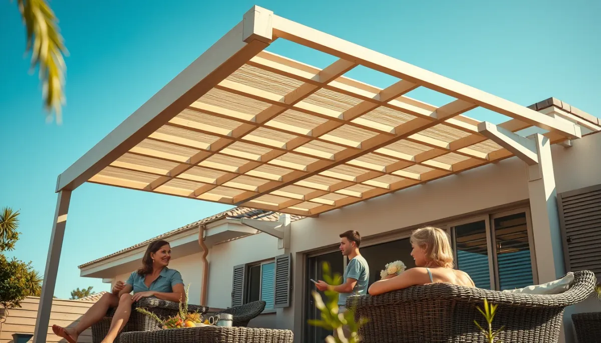 Famille se détendant sous une pergola bioclimatique propre et entretenue