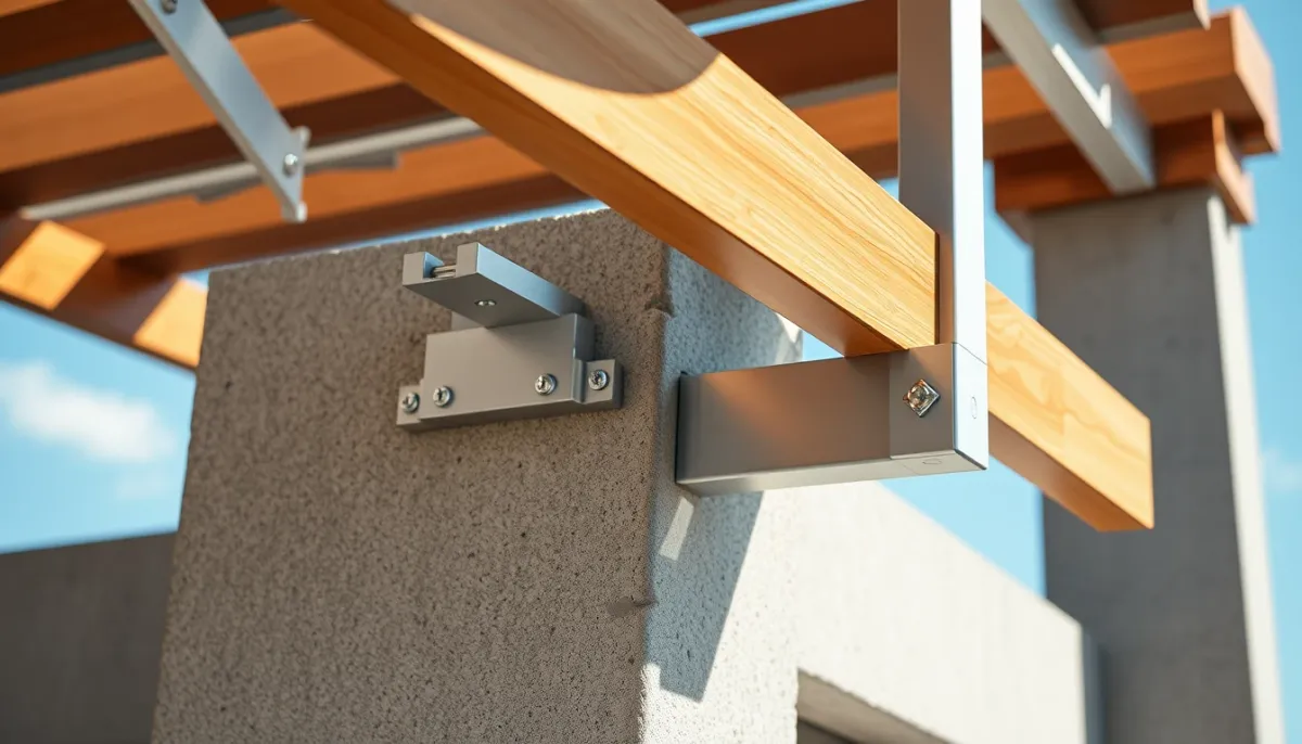 Détail de la fixation murale d'une pergola bioclimatique avec platines en aluminium sur un mur en béton