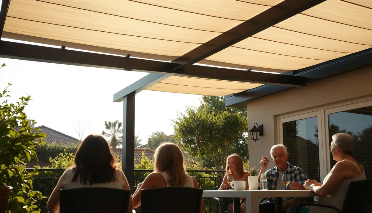 Personnes profitant d'une terrasse ombragée sous une pergola bioclimatique adossée, avec lumière filtrée par les lames