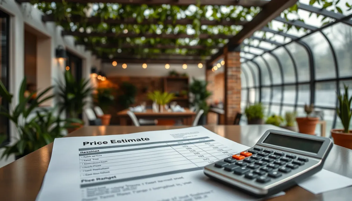 Devis et calculatrice sur une table avec une pergola bioclimatique en arrière-plan, symbolisant le budget et les prix