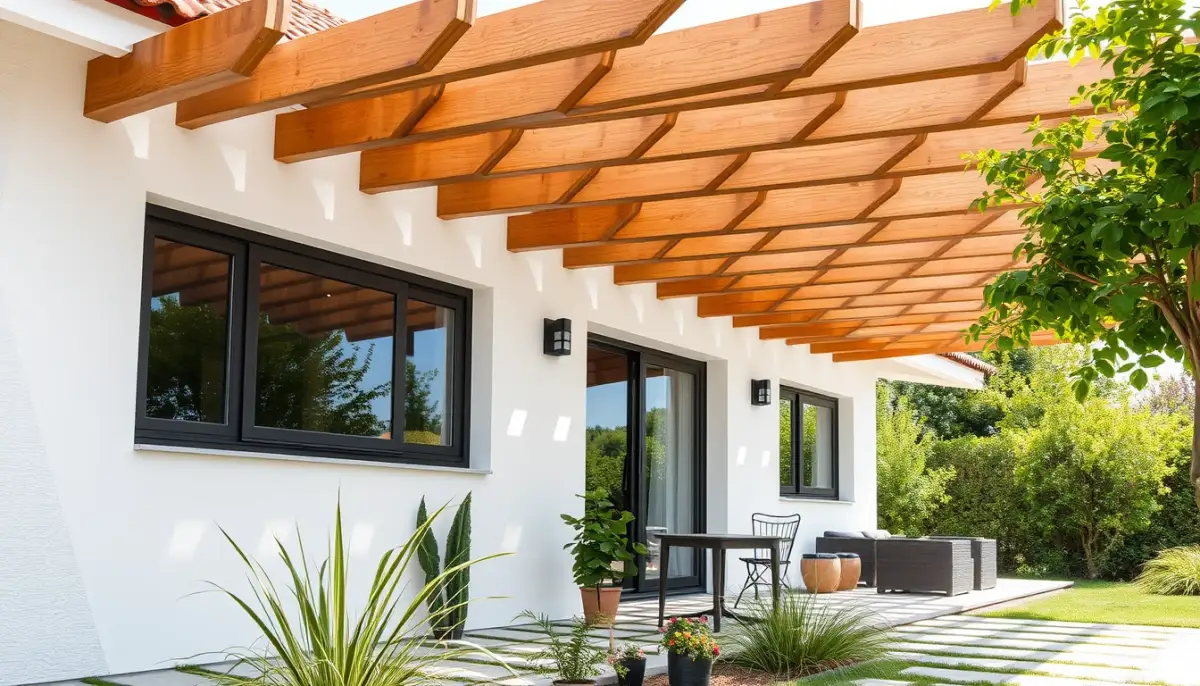 Maison moderne avec une pergola bioclimatique adossée, intégrée dans un jardin, sous une lumière naturelle