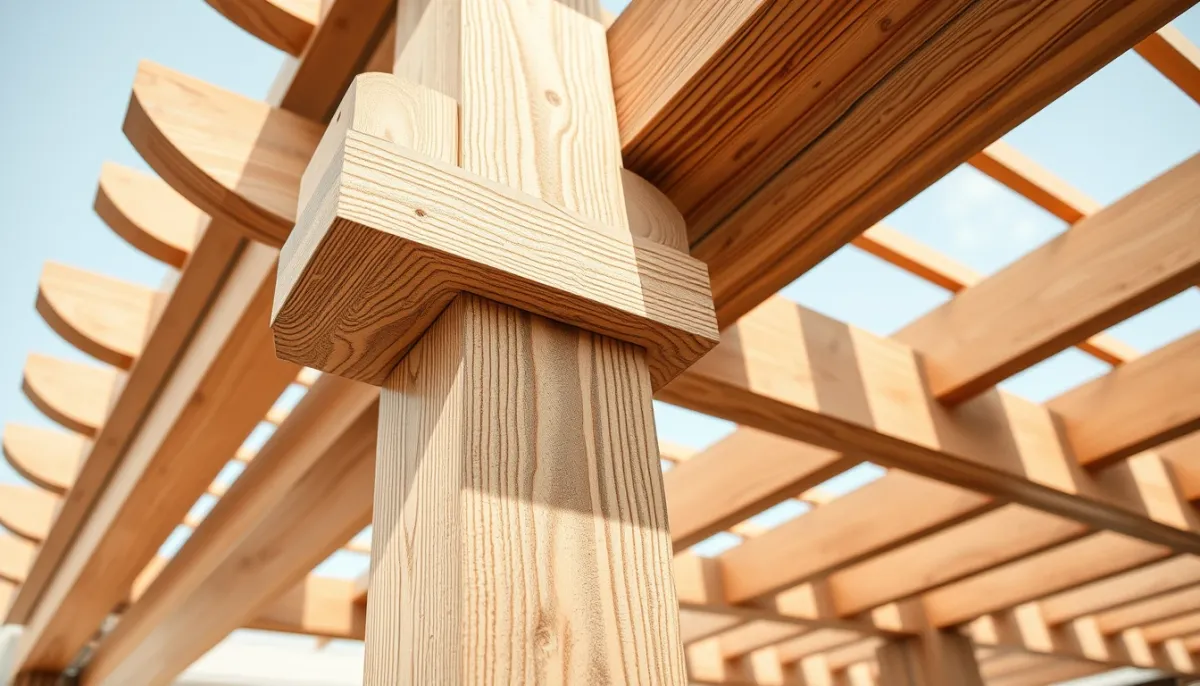Gros plan sur un poteau en bois et des lames orientables d'une pergola bioclimatique, avec fixations en inox visibles