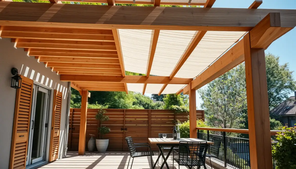 Pergola bioclimatique en bois sur une terrasse ensoleillée, lames partiellement fermées créant de l'ombre au-dessus d'une table et de chaises