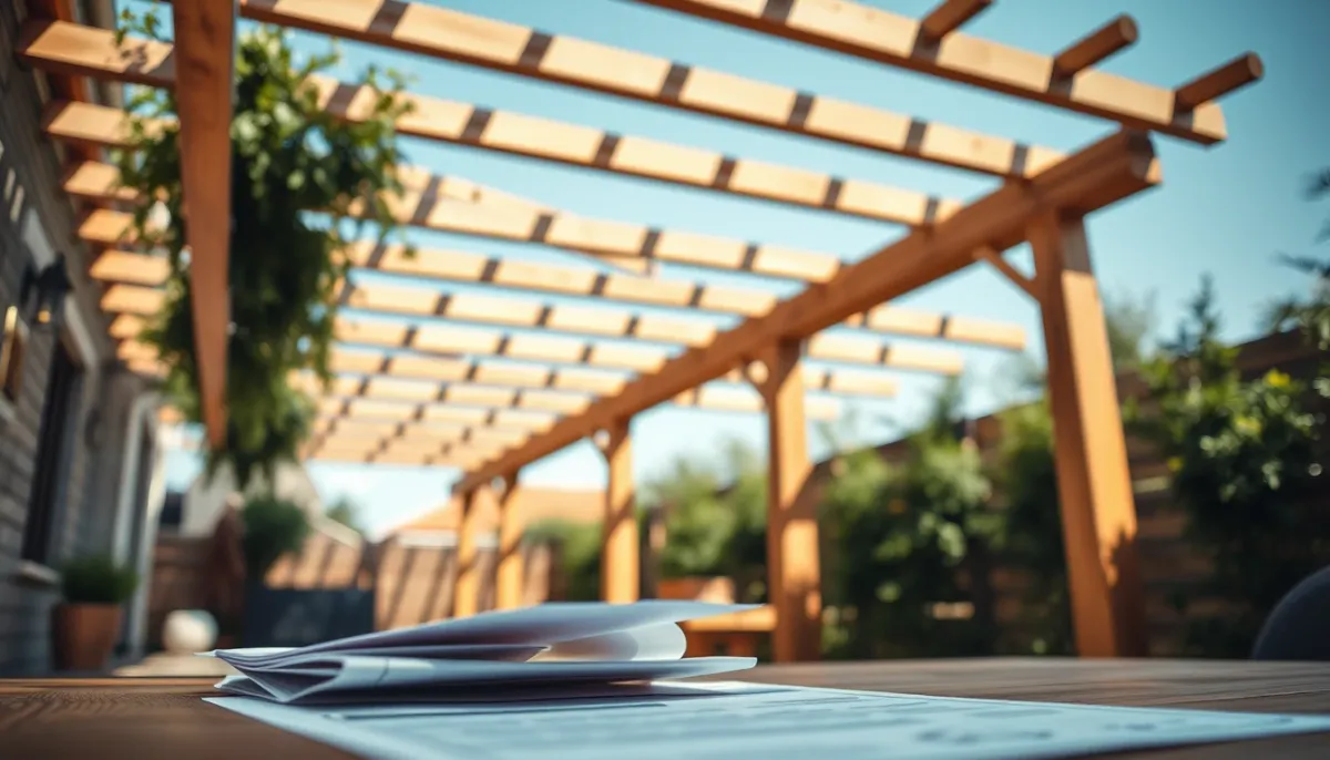 Pergola bioclimatique en bois avec des documents de devis posés sur une table, symbolisant le prix posé constaté