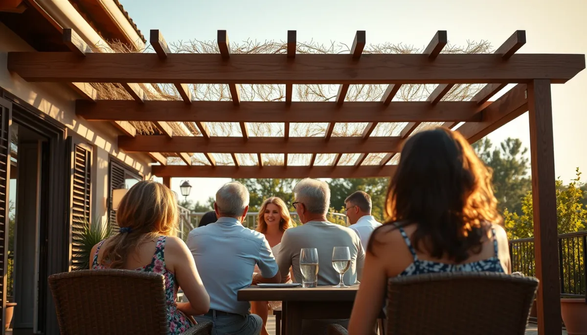 Famille profitant d'une pergola bioclimatique en bois sur une terrasse, ambiance conviviale et confortable