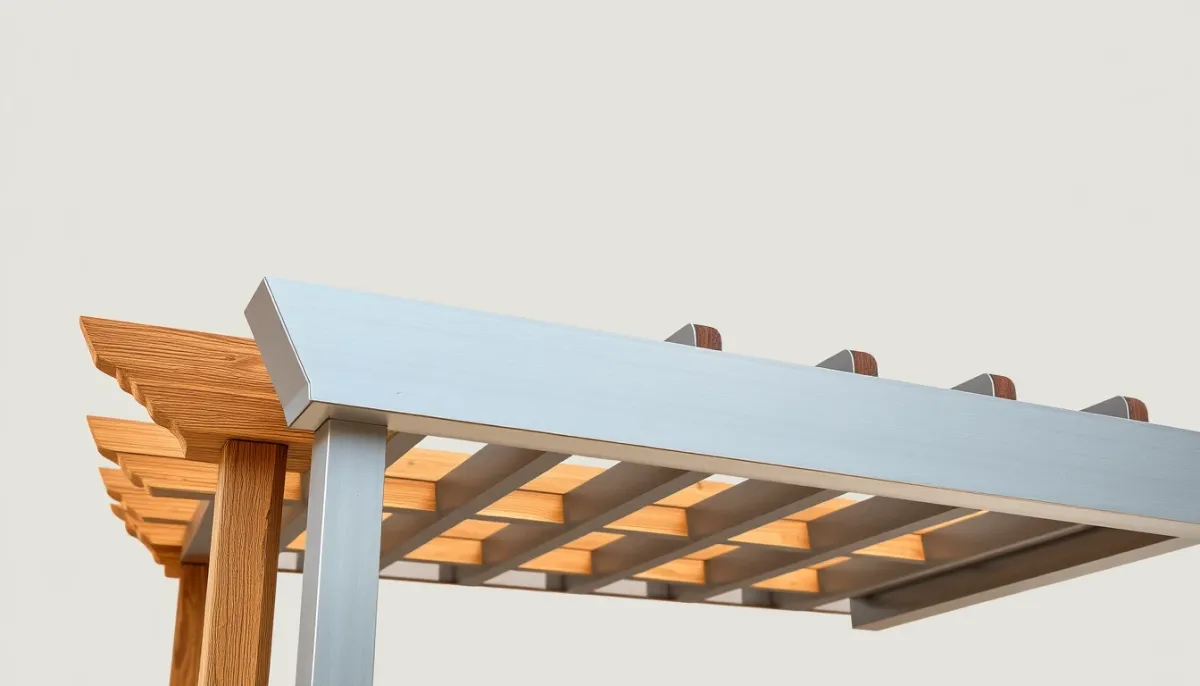 Comparatif visuel de trois pergolas bioclimatiques côte à côte : bois, aluminium et acier, montrant les différences de matériaux