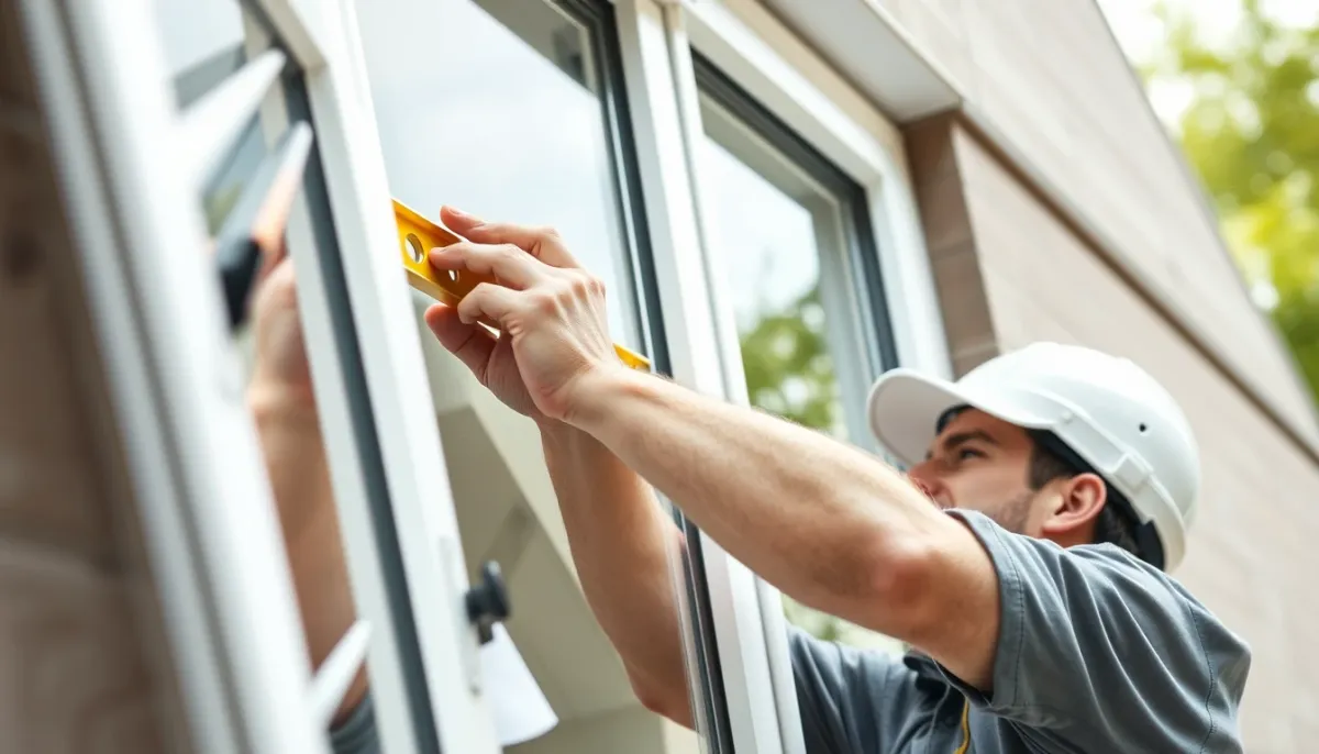 Installateur professionnel vérifiant l'équerrage d'une fenêtre PVC