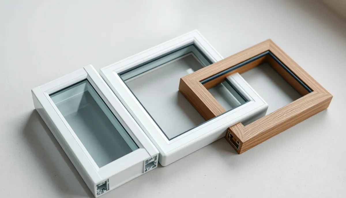 Échantillons de fenêtres en PVC, aluminium et bois côte à côte pour comparaison